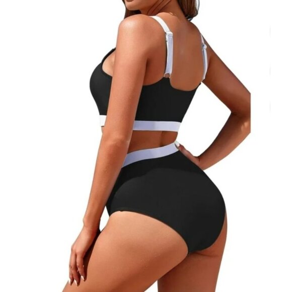 Womens XL High Waisted Bikini Set Colorblock Design Black & White Beach Vacation - Picture 2 of 11